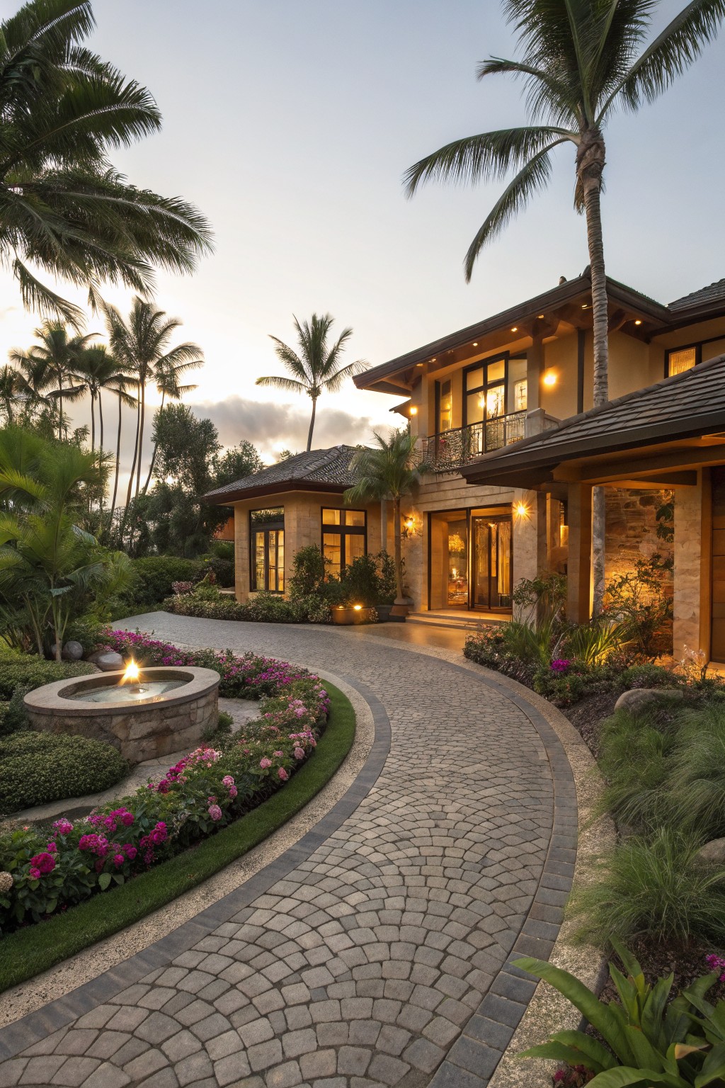 Tropical home exterior at dusk with curved gray cobblestone driveway edged in pink flower beds and tropical plants, central stone fountain with flame, palm trees, and lush landscaping leading to beige stone entry.