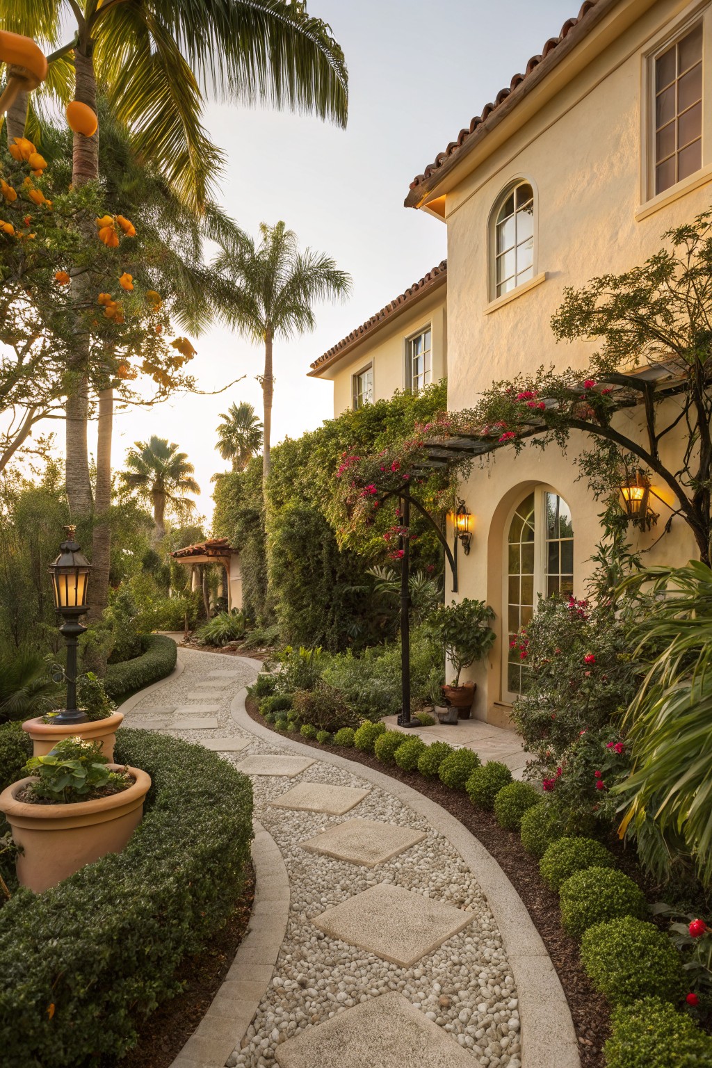 Curved pebble and stone pathway lined with boxwood hedges and tropical plants leads through a lush garden to the arched doorway of a beige stucco house with palm trees and lanterns.