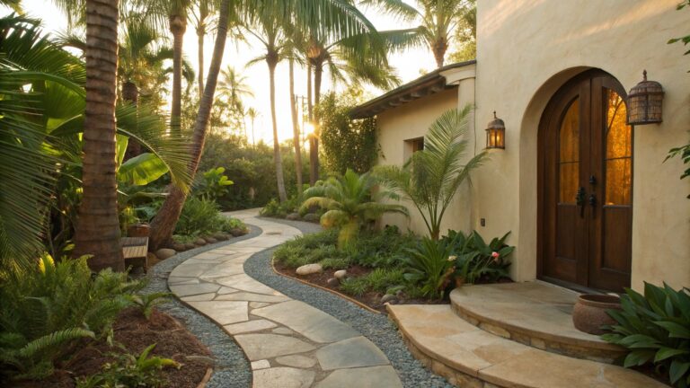 Curved gray stone pathway edged with gravel and boulders winds through tropical plants and palm trees toward the arched wooden entry door of a beige stucco house.