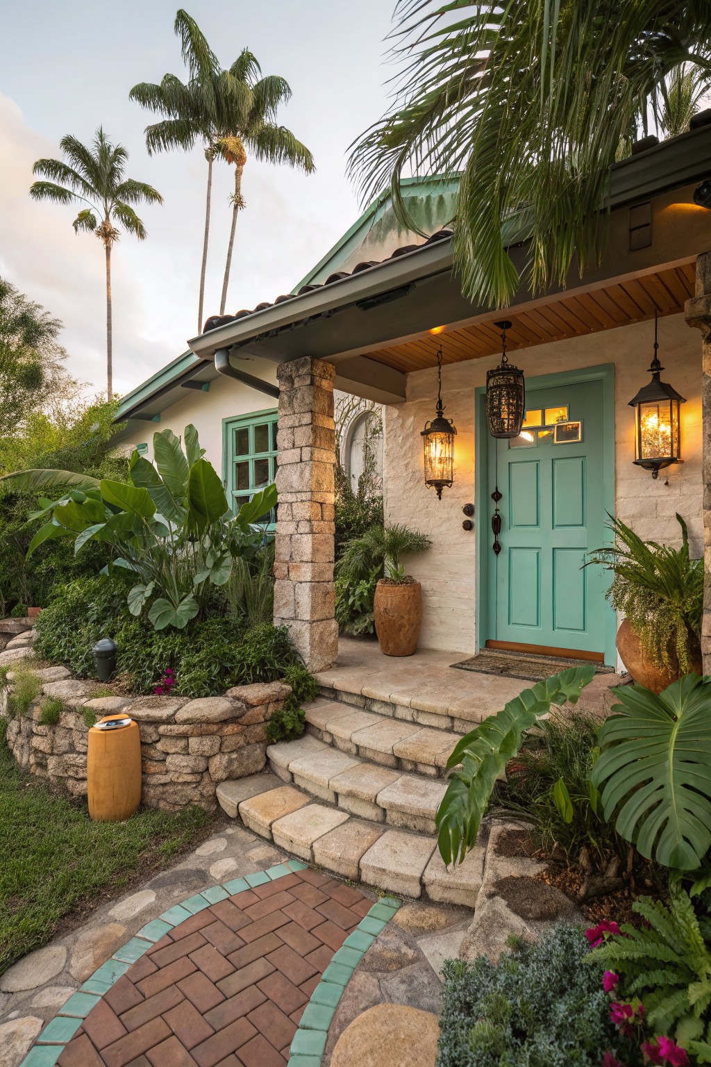 Front view of a white stucco house with turquoise front door, wooden porch, stone pillars and steps, flanked by lush tropical plants including monstera leaves, banana plants, and potted greenery, with a brick-edged stone pathway leading up.