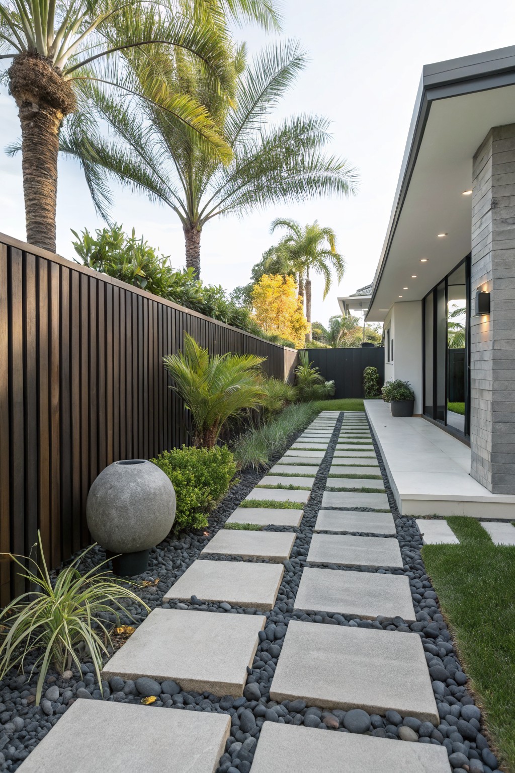 Landscaped side yard pathway of large square concrete pavers set into black gravel, edged with grasses and shrubs, leading to a modern house with wooden fence and palm trees nearby.