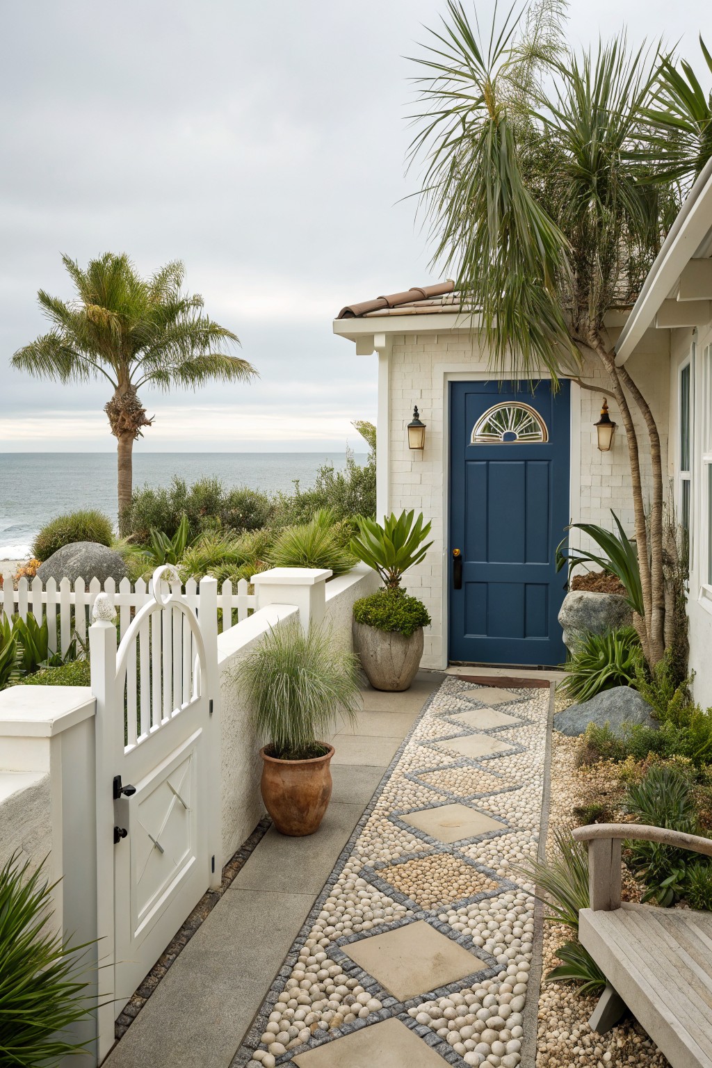 White picket gate opens to a pathway of gray stone tiles inlaid with white pebbles in diamond patterns, leading to a navy blue front door on a white brick house, surrounded by tropical palms, agaves, succulents, large rocks, terracotta pots, and a wooden bench, with ocean view in background.