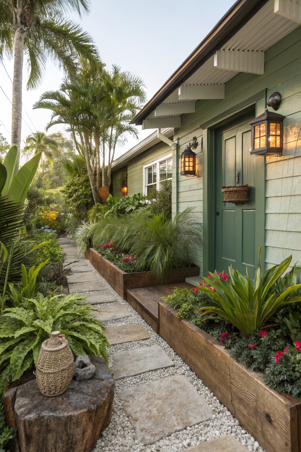 Stone paver pathway bordered by wooden raised planters with tropical greenery and flowers leading to the green front door of a shingled house with lanterns and palm trees.