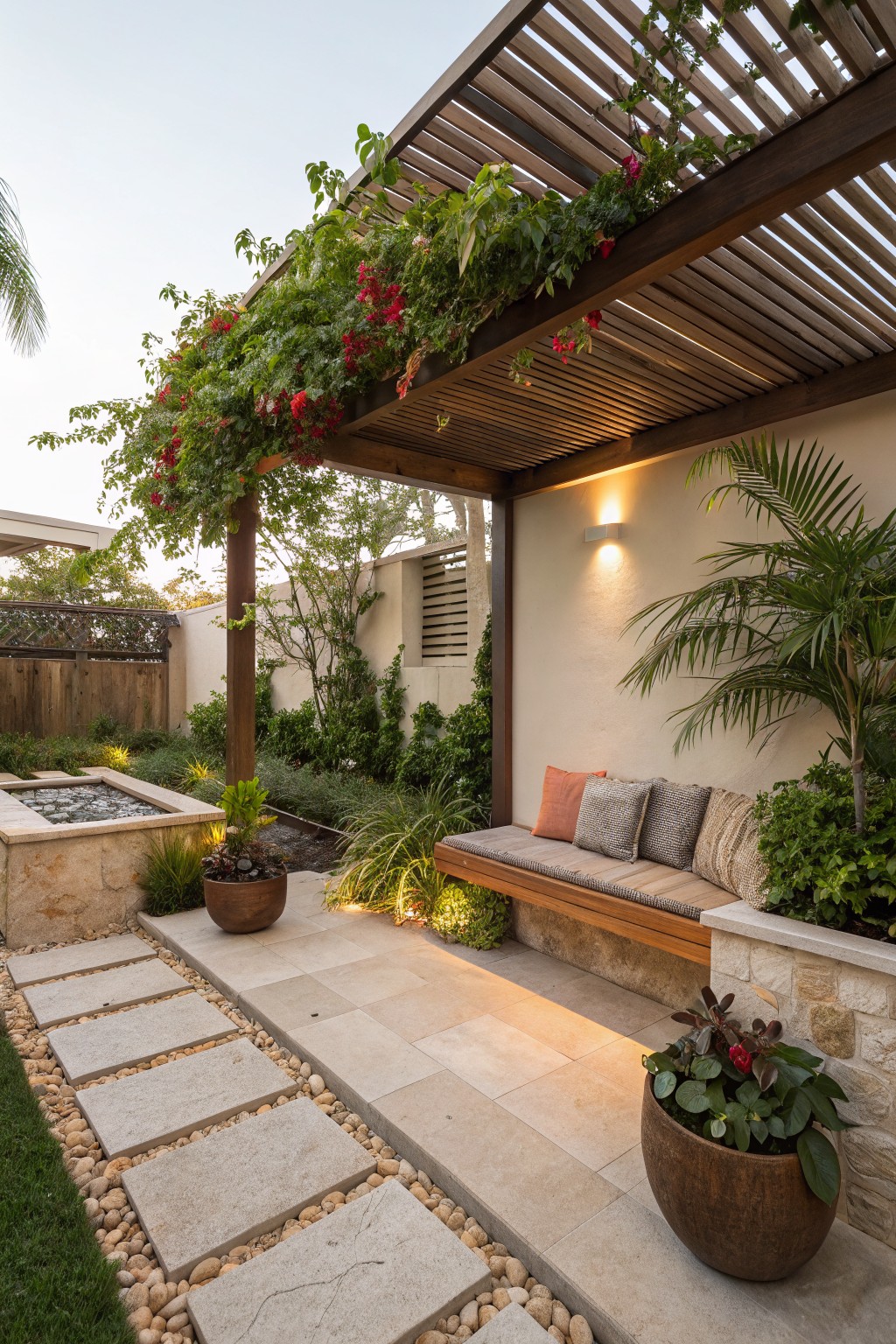 Wooden pergola covered in red-flowering vines over a cushioned bench against a stucco wall, with potted plants, a small water feature, palm trees, and a stepping stone path in a tropical outdoor garden.