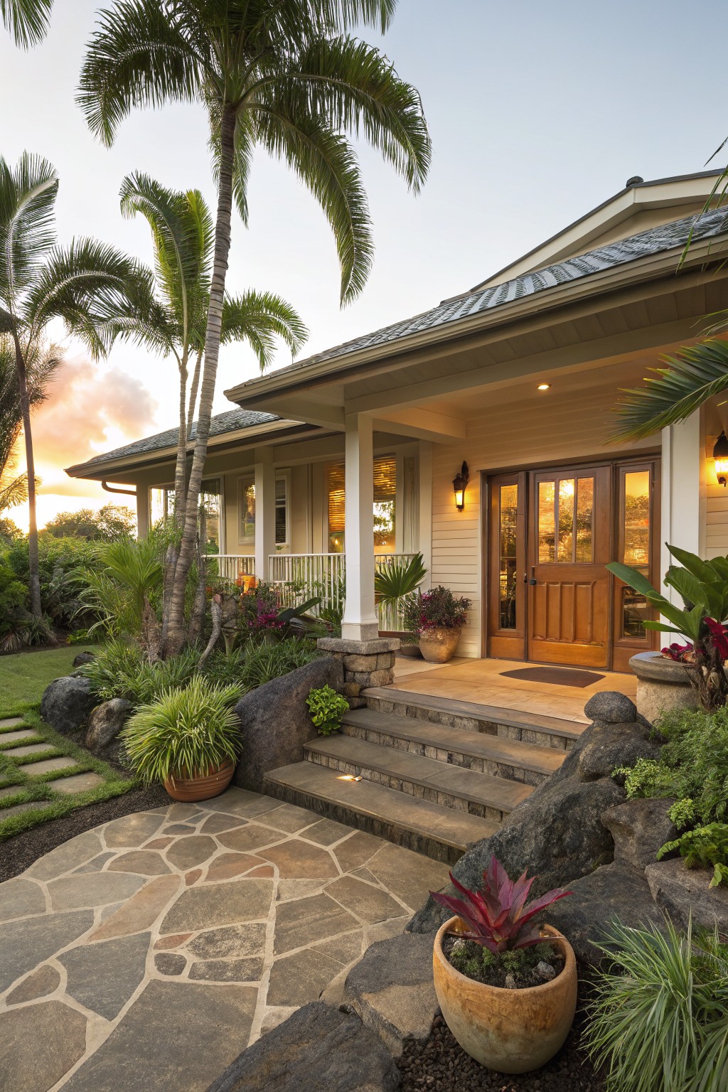 House exterior with beige siding, wooden front doors, covered porch, palm trees, assorted tropical plants, large boulders, potted greenery, and irregular stone pathway leading to entry steps at sunset.