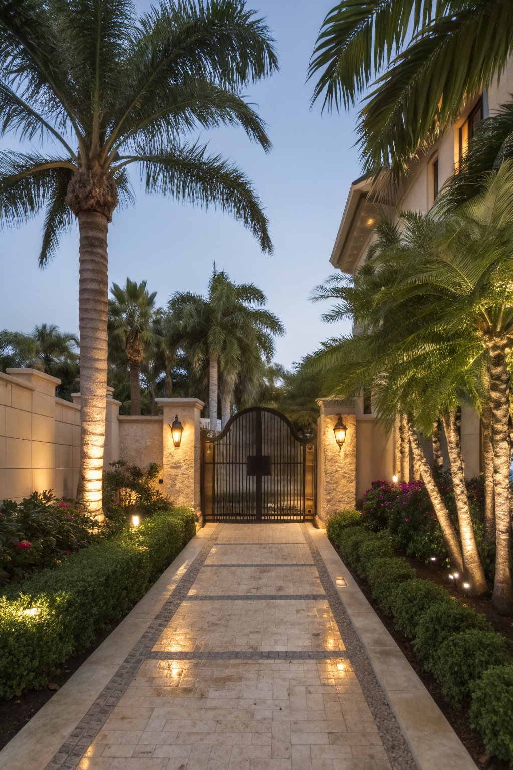 Stone paver pathway with integrated lighting runs straight through manicured boxwood hedges and past tall palm trees toward a black wrought iron gate between stucco walls with lanterns, at dusk in a tropical front yard.