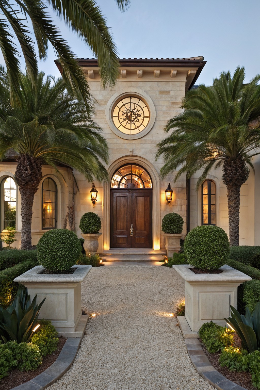 Stone house facade with double wooden doors, round clock window above, flanked by palm trees and symmetrical topiary shrubs in stone planters lining a gravel pathway with edge lighting and agave plants.