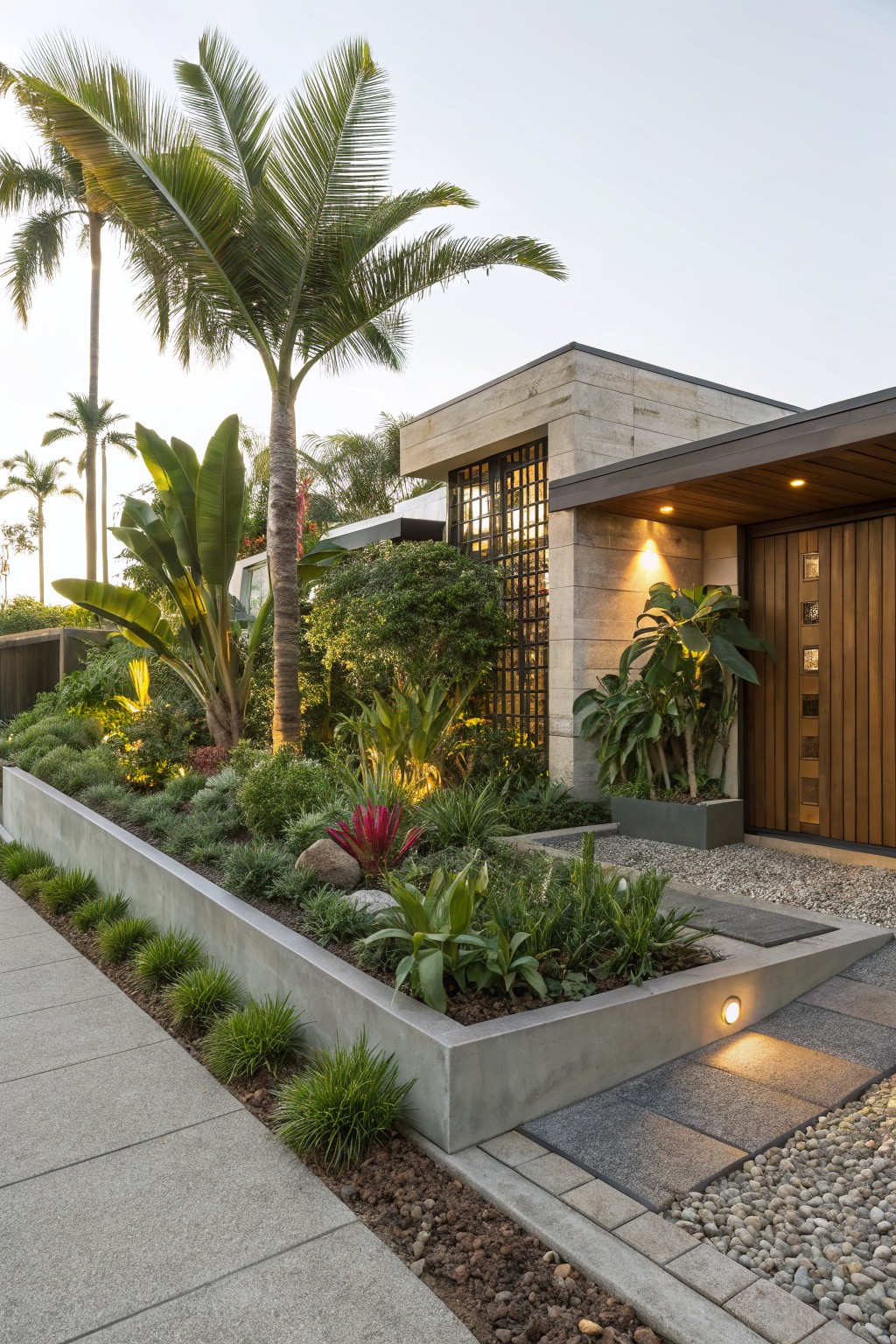 Modern house with stone and wood facade, tropical plants including palms and banana leaves in raised concrete beds along a concrete sidewalk, leading to a wooden entry door with pebble path and landscape lighting.