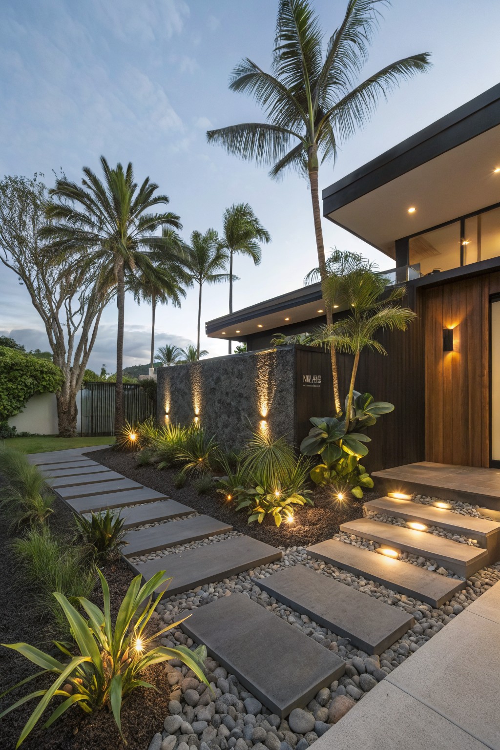 Modern house exterior at dusk with palm trees, a pathway of rectangular gray stone slabs set into dark gravel beds surrounded by tropical plants and grasses, lit steps leading to a wooden entry door, and wall-mounted lights.
