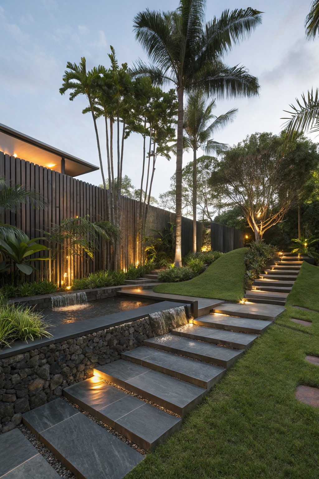 Tropical front yard with wide black stone steps featuring recessed edge lighting, a small dark reflecting pool with waterfall, surrounding lush green plantings and palms, wooden fence, and house in background at twilight.