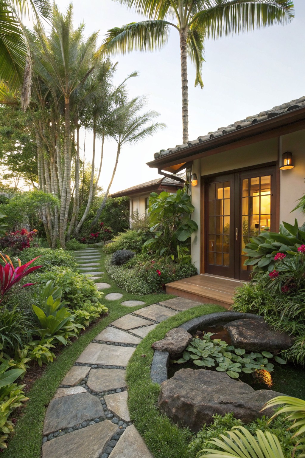 Curved path of irregular gray stone slabs set in green grass winds through lush tropical garden with tall palms, colorful anthuriums, ferns, and a small rock-lined pond with lily pads, leading to wooden double doors on a house exterior.