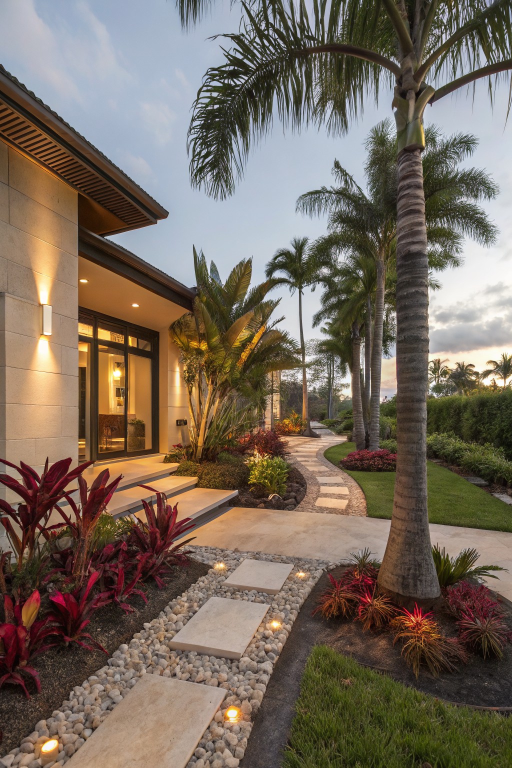 Modern beige stucco house exterior at dusk with a curved beige stone paver path winding through tropical plants, palms, red bromeliads, and gravel beds toward a glass-fronted entry.
