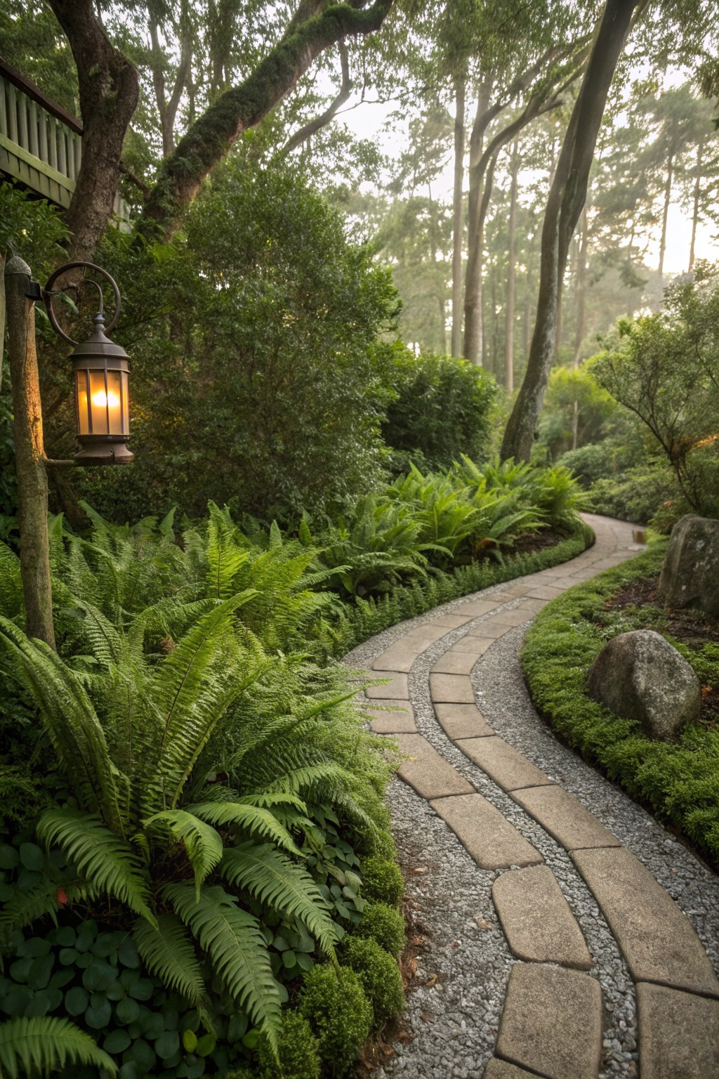 A curving stone pathway made of irregular pavers winds through dense green ferns and low plants in a misty wooded garden, lit by a hanging lantern on a post.