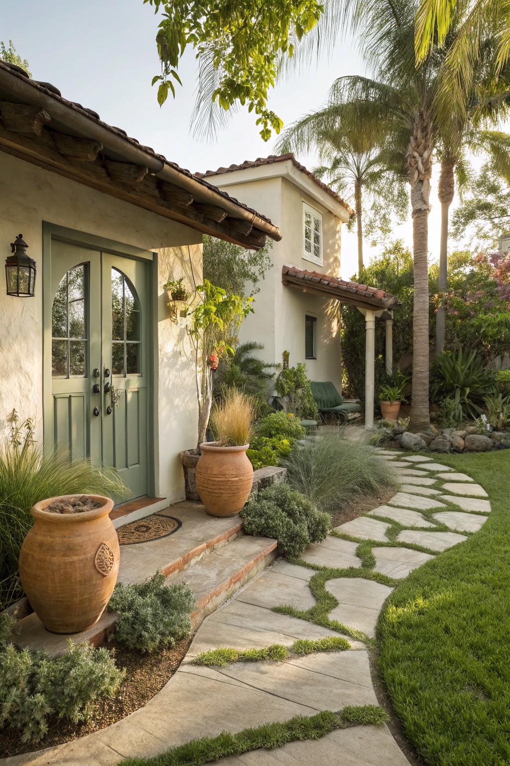 Spanish-style stucco house with arched green double doors and lantern light, flanked by large terracotta pots with grasses, a winding irregular stone path through lawn and ornamental grasses, palm trees, and tropical plants in the front yard at sunset.
