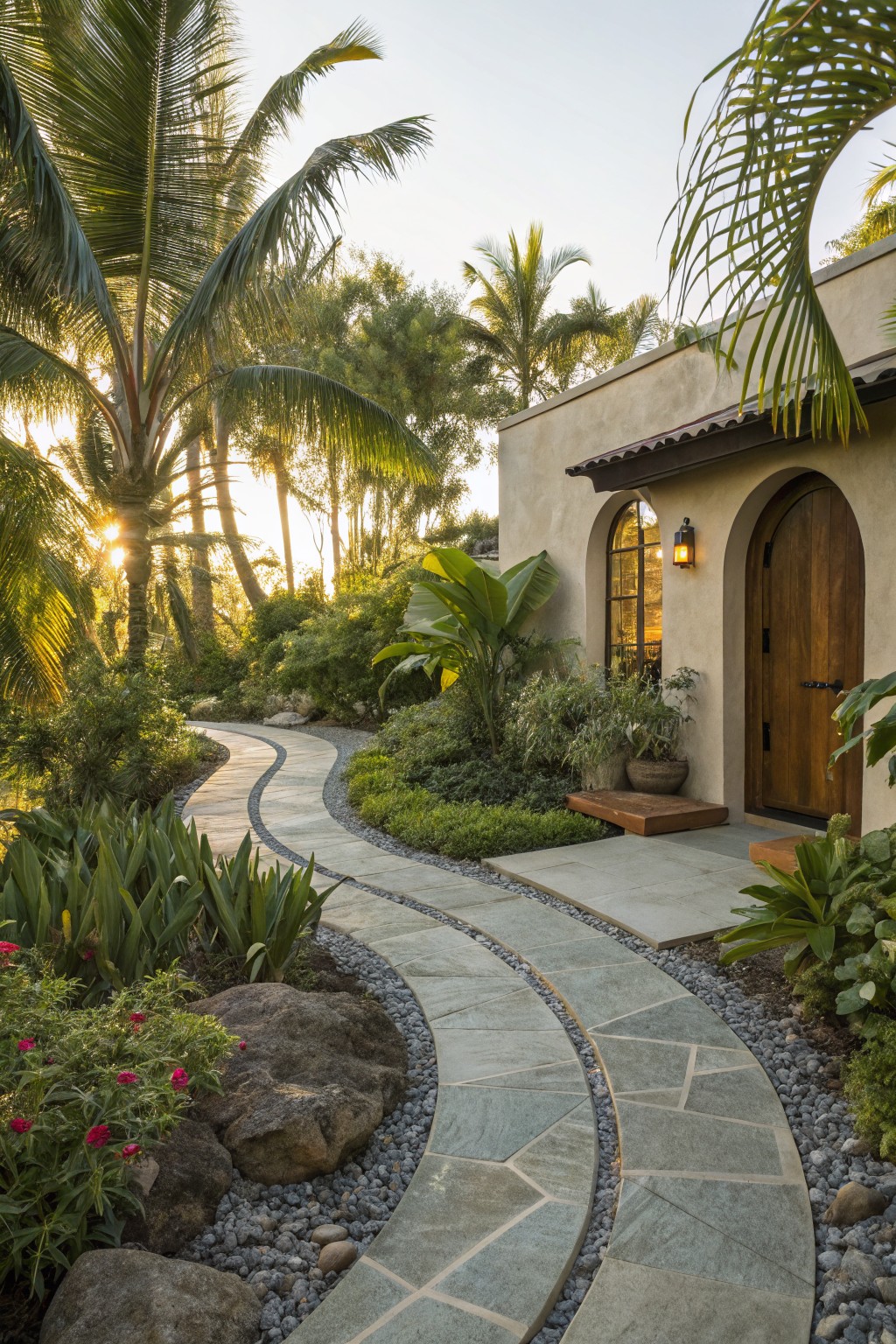 Curved gray stone pathway edged with gravel and boulders winds through tropical plants and palm trees toward the arched wooden entry door of a beige stucco house.