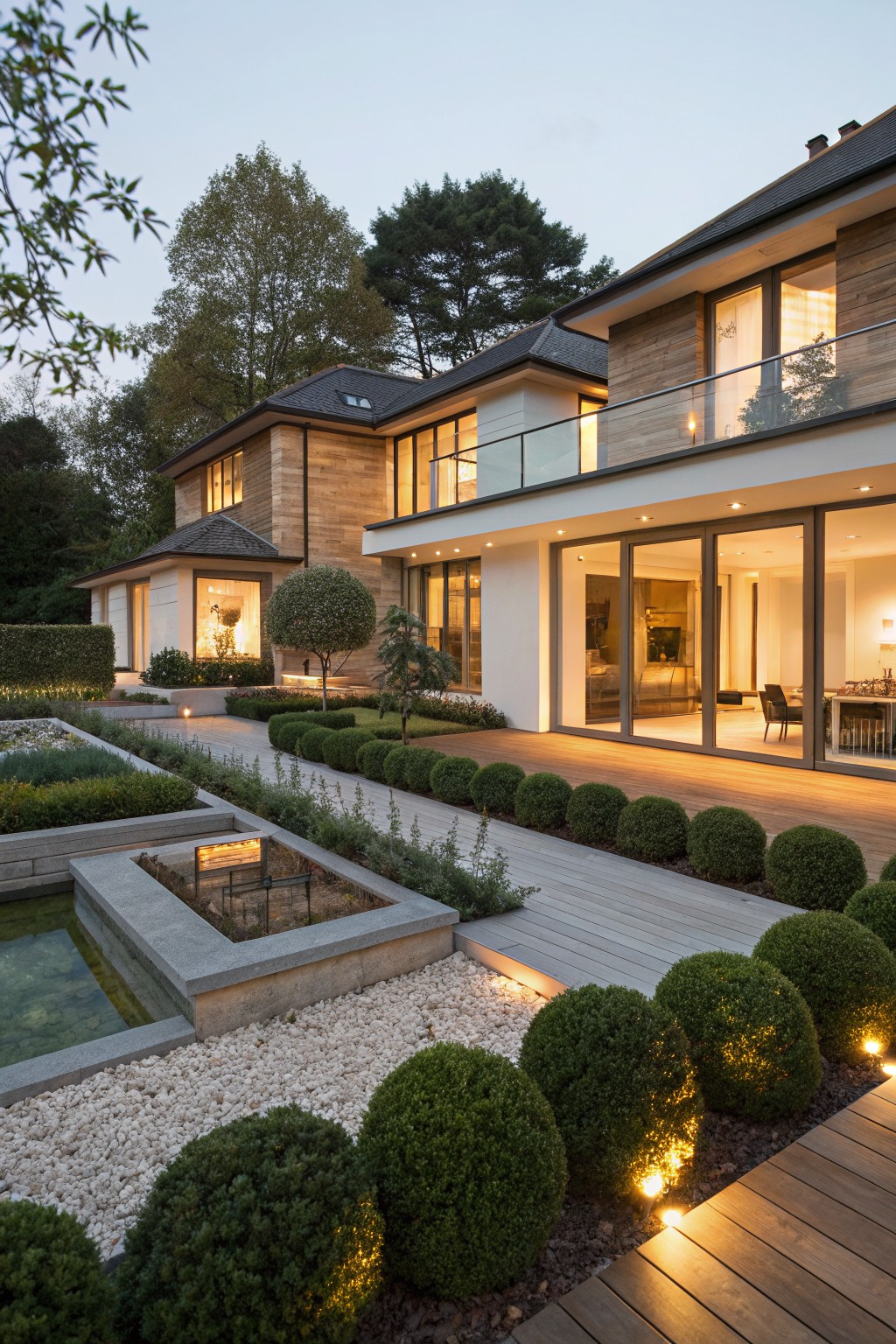 Modern two-story house exterior at dusk with landscaped front yard of boxwood shrubs, gravel paths, rectangular reflecting pool, stone edging, and wooden deck extending from glass doors.