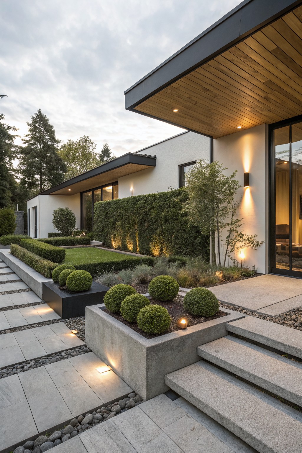 Modern white house exterior with overhanging wooden soffit, large glass entry doors, stone steps, paver pathway lined with boxwood topiary spheres in concrete planters and beds, hedges, grasses, and uplights.