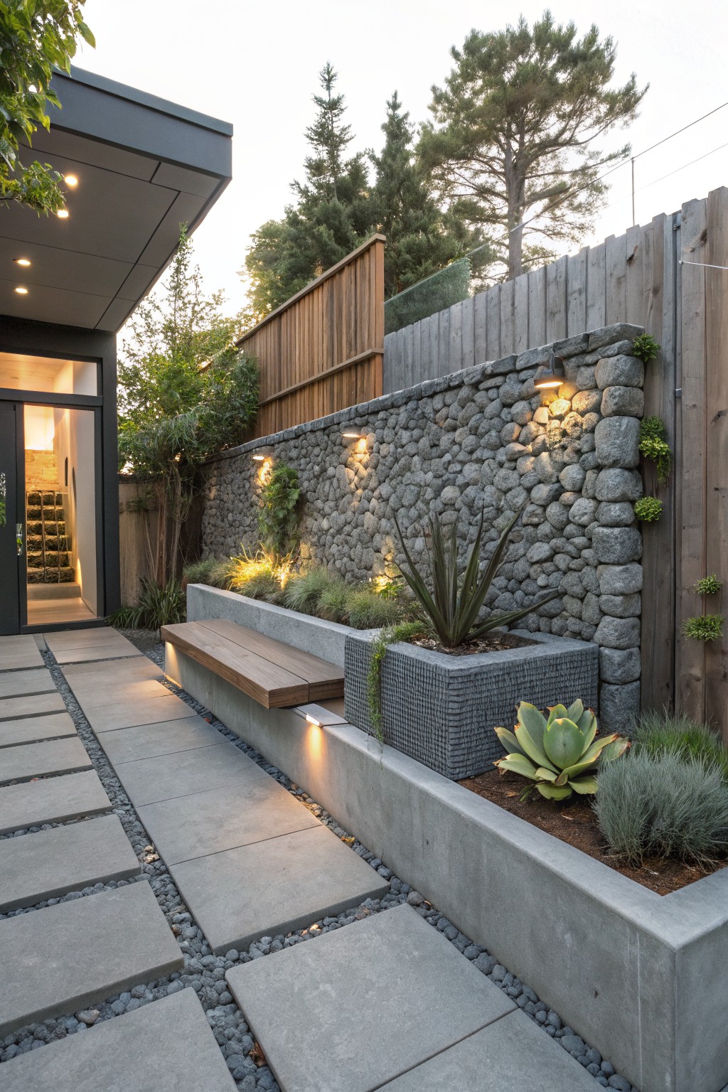 Gray concrete raised planters filled with succulents and grasses line a paver stone pathway edged in gravel, with a wooden bench on a concrete base nearby and a stone wall with uplights behind, adjacent to a house entrance.