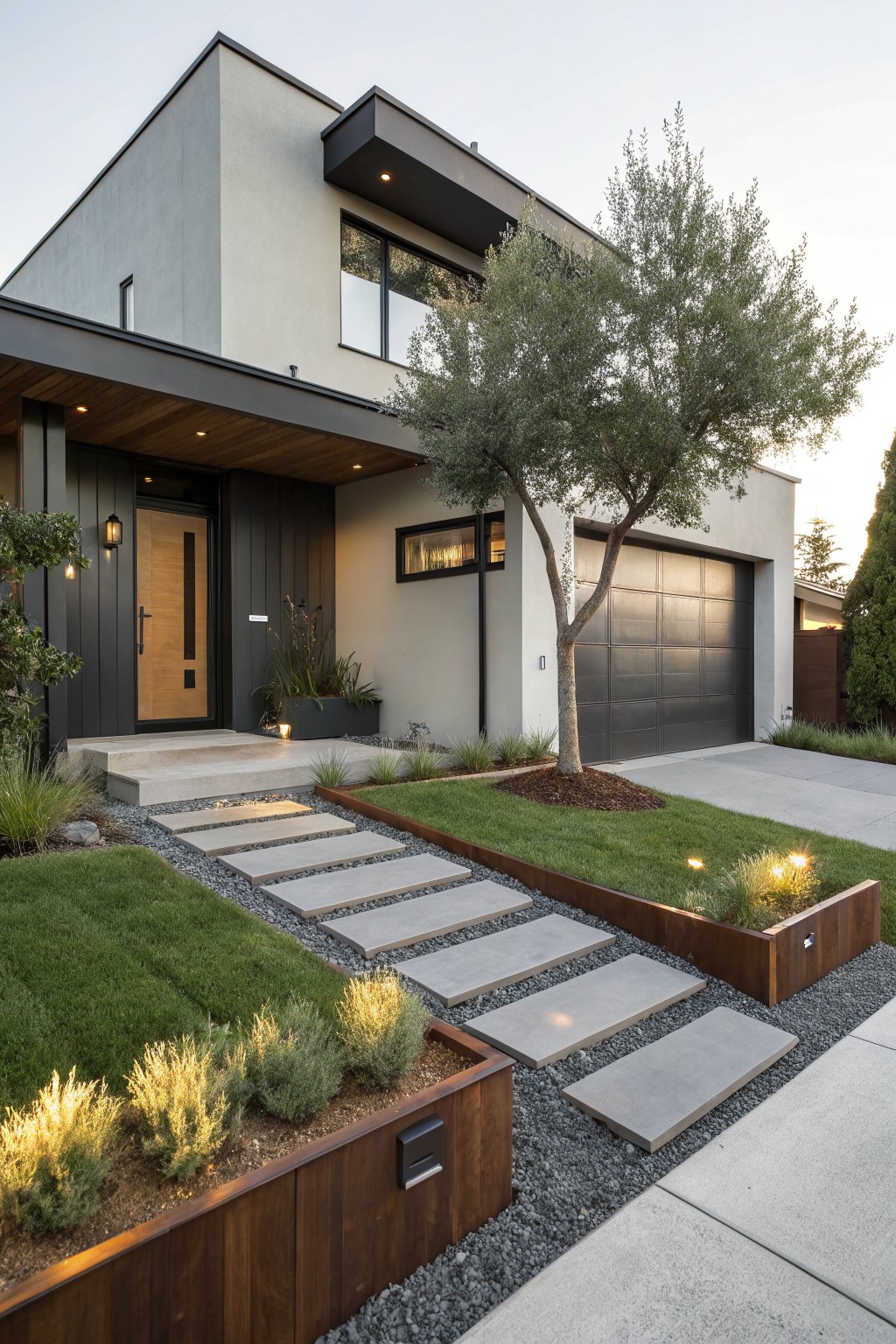 Modern stucco house with black front door and garage, featuring a pathway of large rectangular concrete pavers inset into grass and gravel, bordered by wooden raised planters with ornamental grasses and an olive tree.