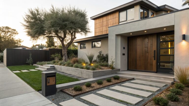 19 Modern Front Yard Landscaping Ideas for Effortless Curb Appeal Modern stucco house with black front door and garage, featuring a pathway of large rectangular concrete pavers inset into grass and gravel, bordered by wooden raised planters with ornamental grasses and an olive tree.