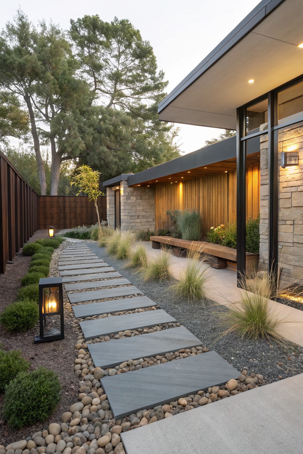 Modern backyard pathway of large rectangular gray stepping stones set into dark gravel, lined with ornamental grasses and low shrubs, leading to a house with stone walls, wood cladding, and a bench under an overhang.