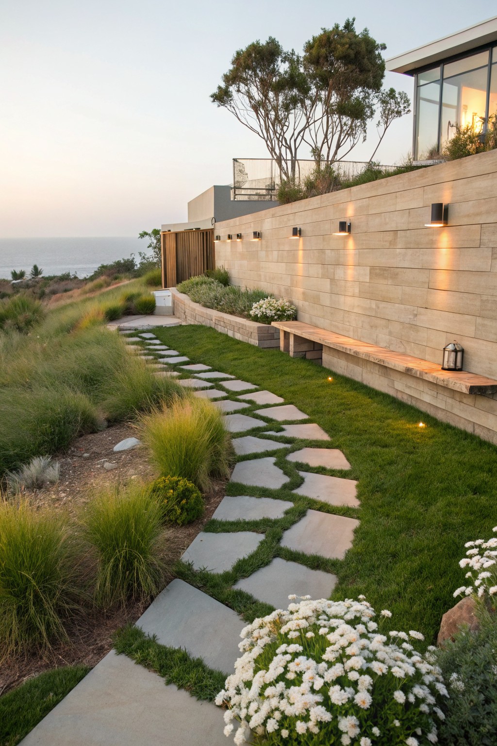 Winding garden path of irregularly spaced large gray stone pavers set in green grass lawn, bordered by tall ornamental grasses, white daisies, and dirt beds, alongside a beige stone retaining wall with wooden bench, lantern, and wall lights, modern house and ocean view in background.