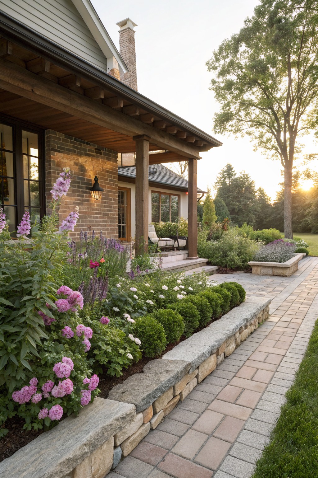 Side view of a shingled house with brick accents and wooden porch, featuring a low fieldstone retaining wall edged with pink flowers, lavender, white blooms, and boxwood shrubs beside a brick pathway.