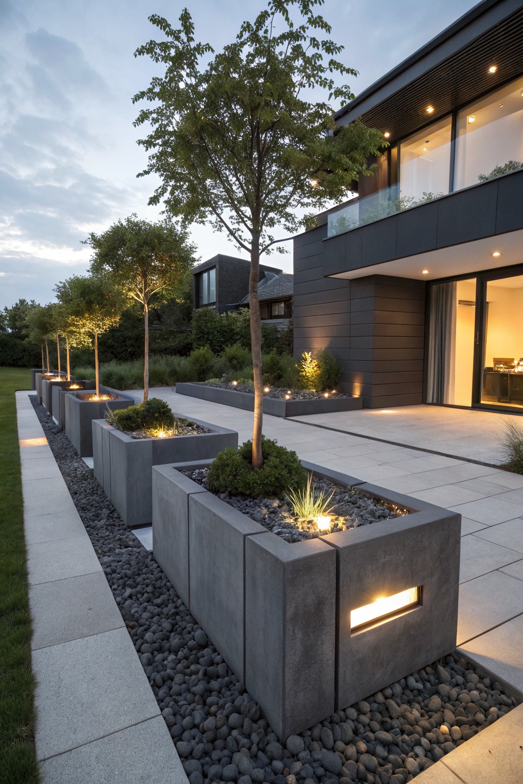 Dusk view of a modern dark-clad house beside a paved walkway lined with tall rectangular gray concrete planters containing slim trees, grasses, gravel, and integrated uplights, with pebble borders and lawn beyond.