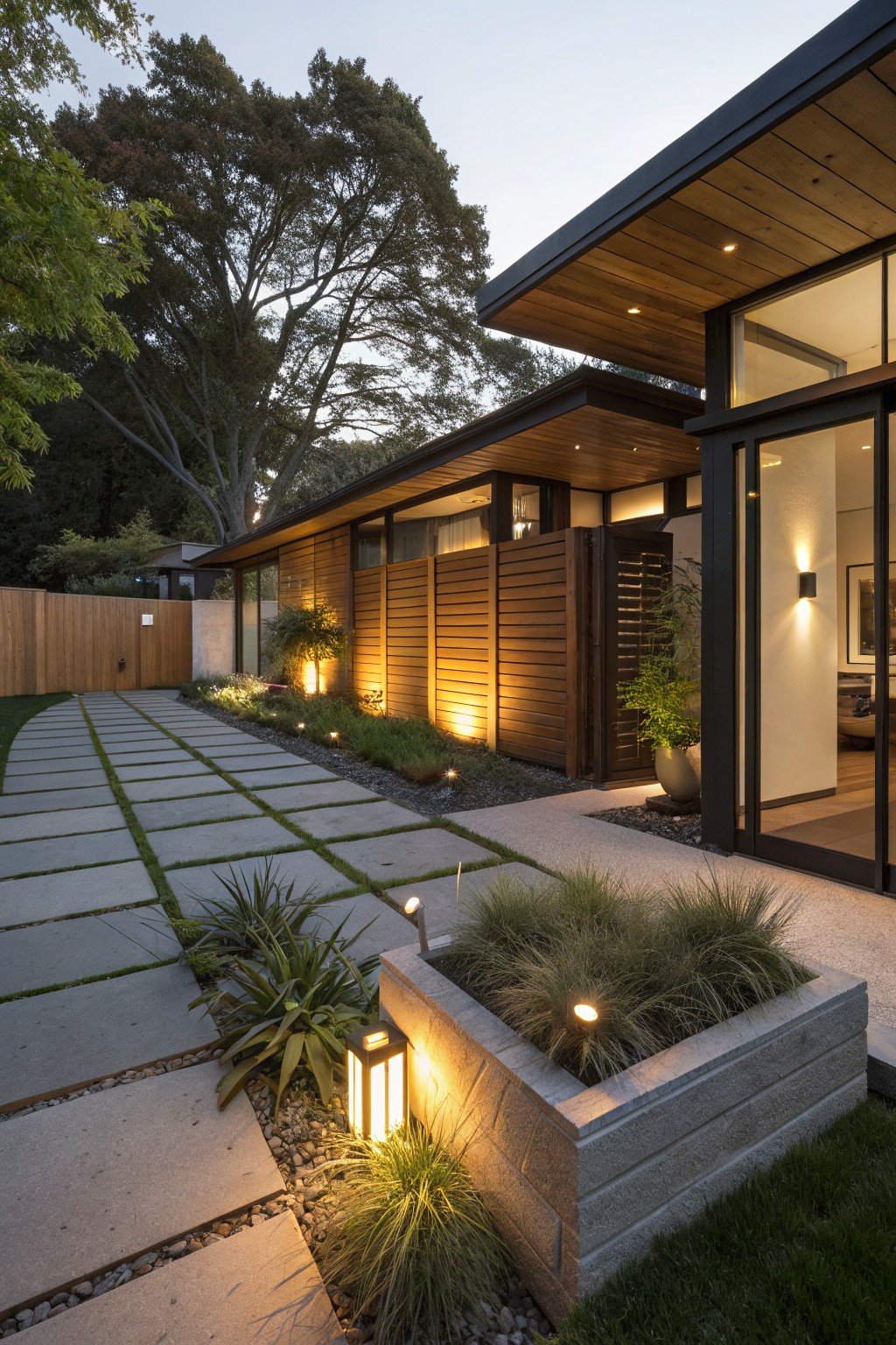 Modern wood-clad house exterior at dusk with concrete paver pathway edged by grasses and plants, path lights, and wooden privacy screens leading to glass entry doors.