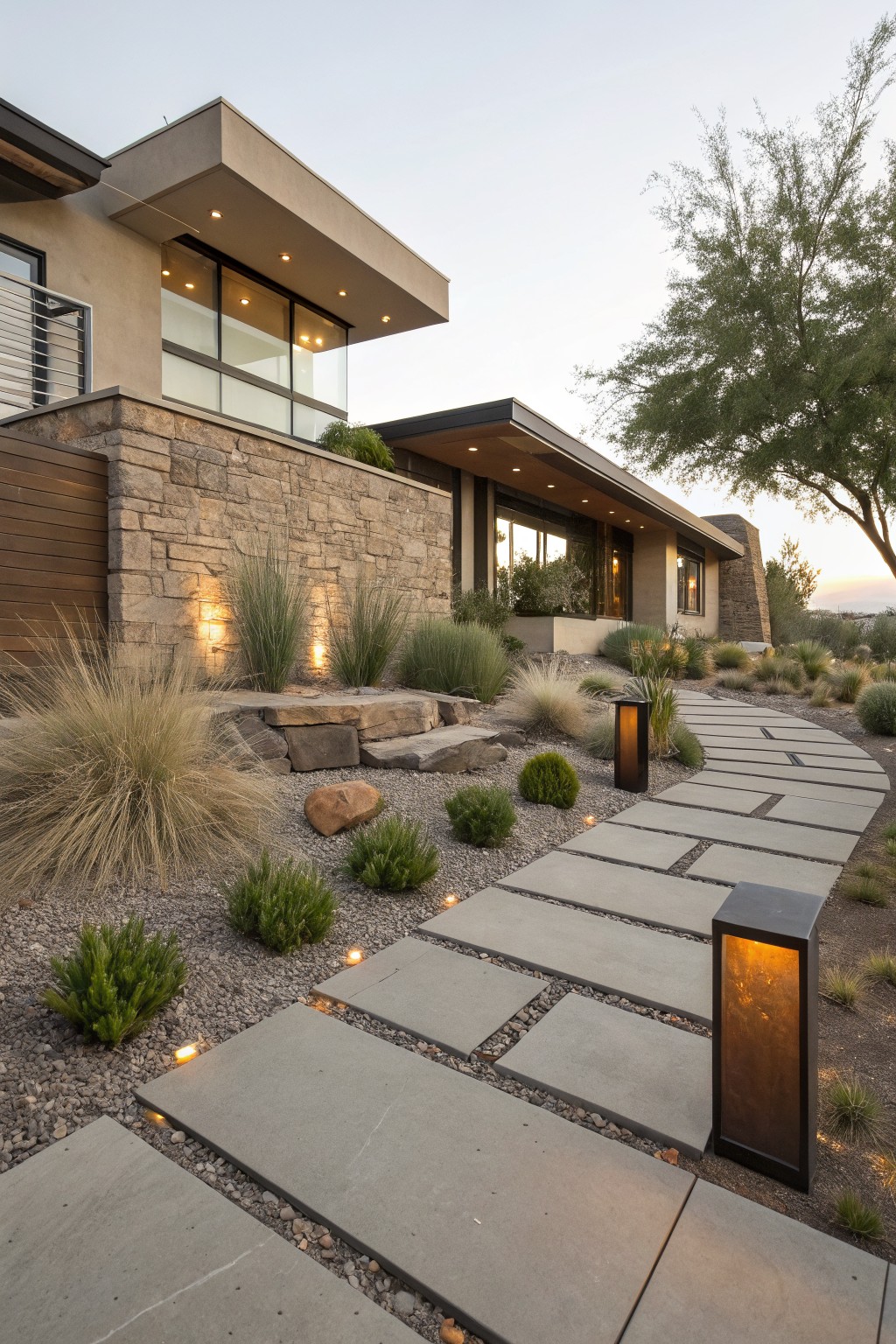 Modern house exterior with stone retaining walls, a pathway of large rectangular concrete pavers set in gravel, surrounded by ornamental grasses, small shrubs, boulders, and tall slim light fixtures.