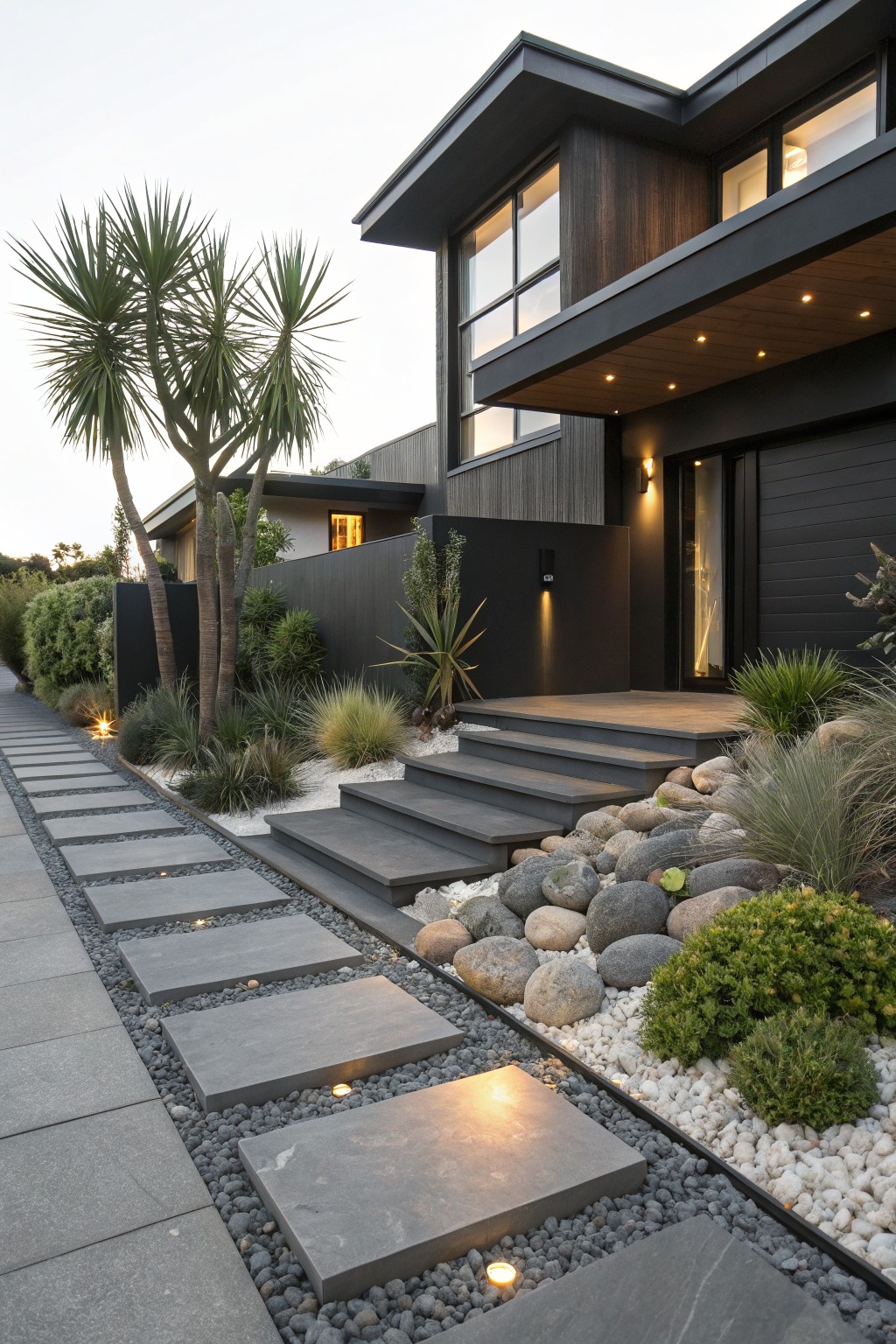 Modern black house exterior featuring a pathway of large rectangular dark stone slabs set into white gravel with integrated lighting, leading to dark steps surrounded by boulders, grasses, and palm trees.