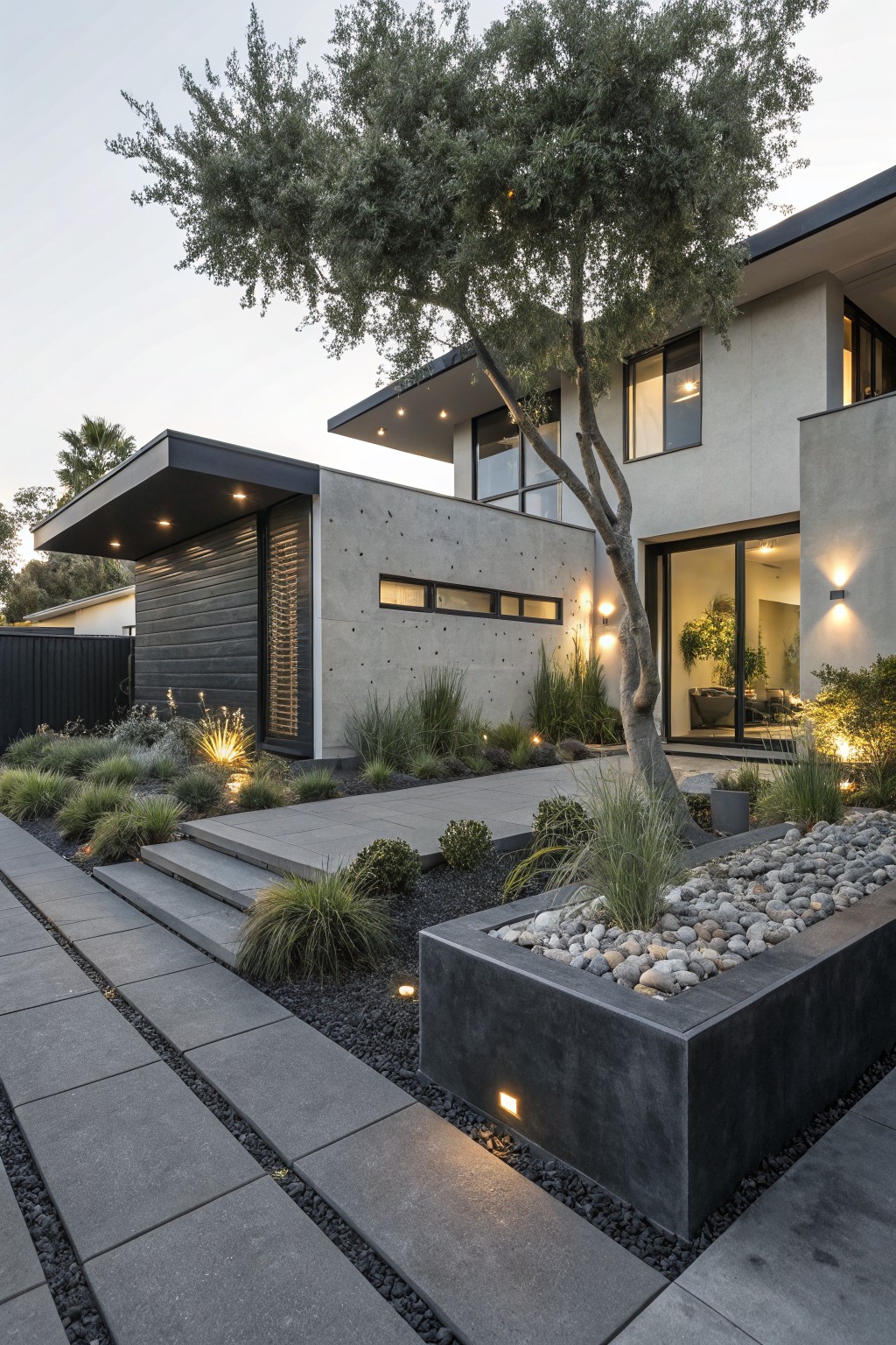 Contemporary house facade with olive tree, stepped dark paver pathway, black concrete raised beds containing pebbles and ornamental grasses, and recessed landscape lighting at dusk.