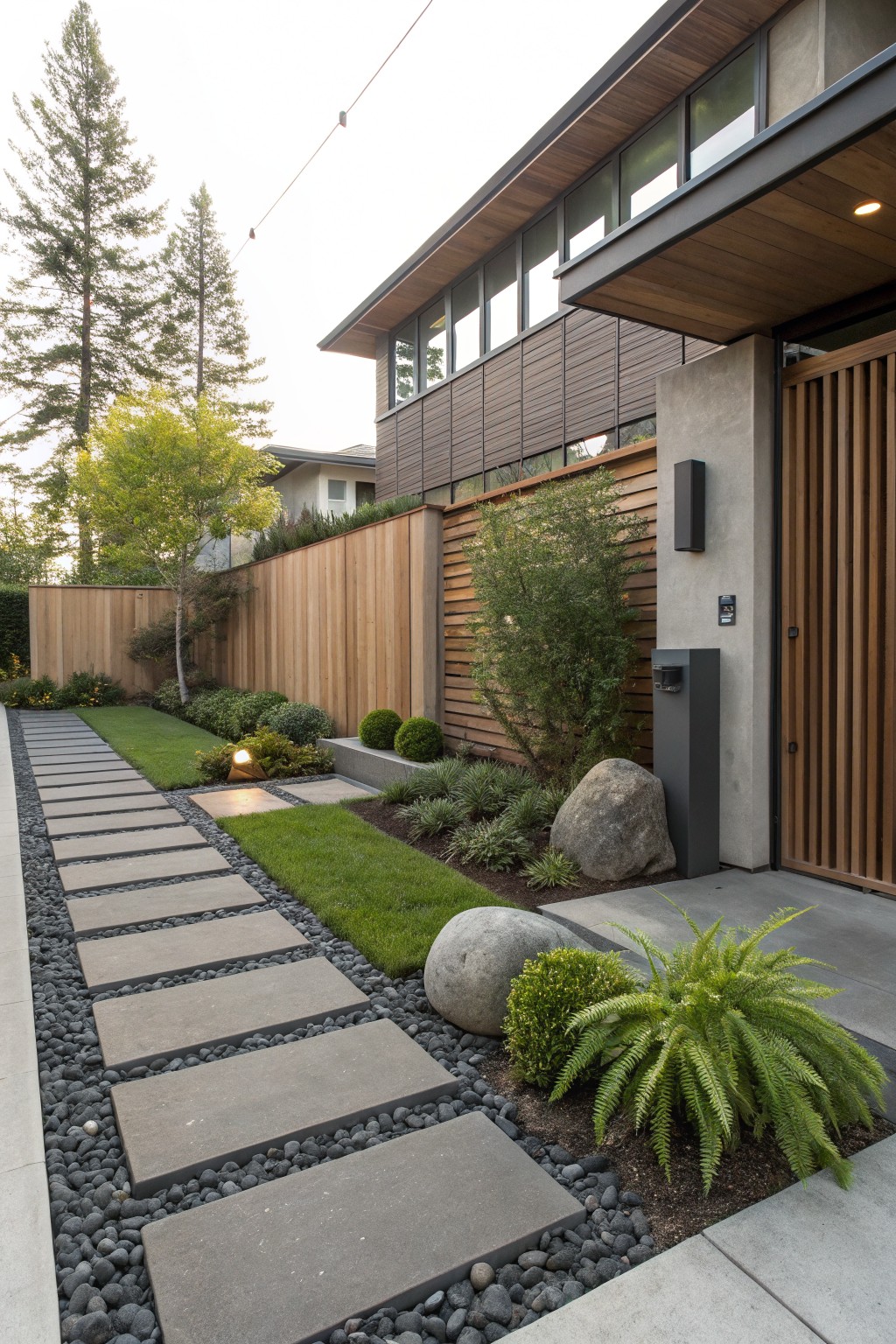 Modern front yard pathway of large gray concrete slabs separated by black pebbles, bordered by grass, low shrubs, ferns, and a boulder, leading to a vertical wood slat gate on a contemporary house exterior.