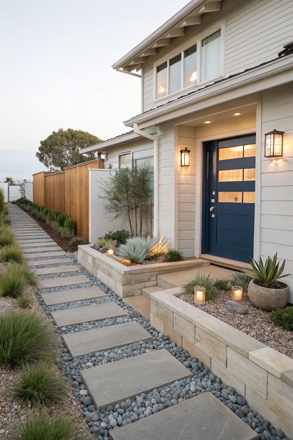 White modern house with navy blue front door and sidelights, front yard featuring gray concrete stepping stones set in gravel path lined with ornamental grasses, succulents, and agaves beside a wooden fence.