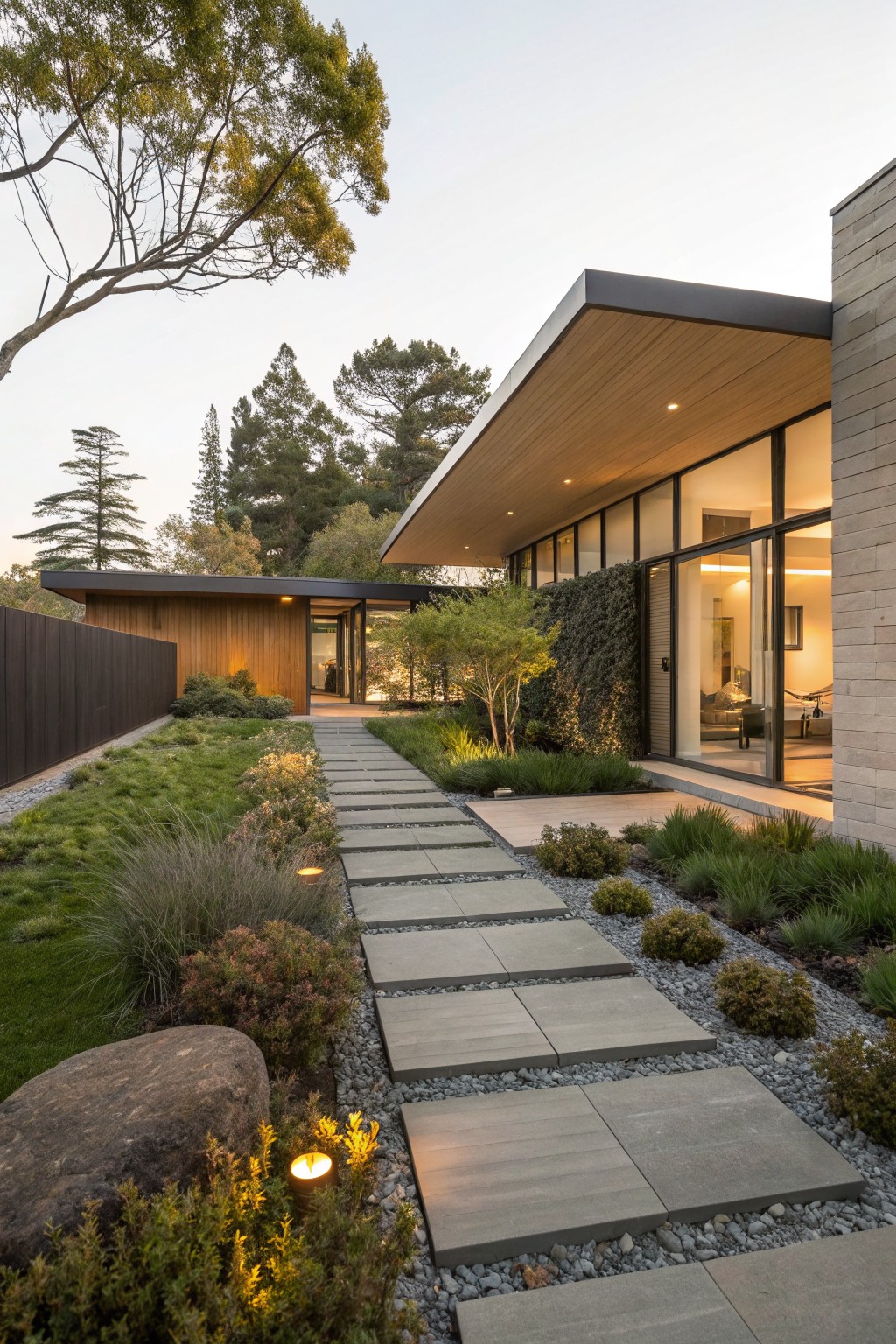 Modern house exterior featuring a pathway of large irregular gray stone pavers set into gravel amid grasses, shrubs, and a boulder, leading to wood-clad walls and glass entry doors, with pine trees and plants in the yard at dusk.