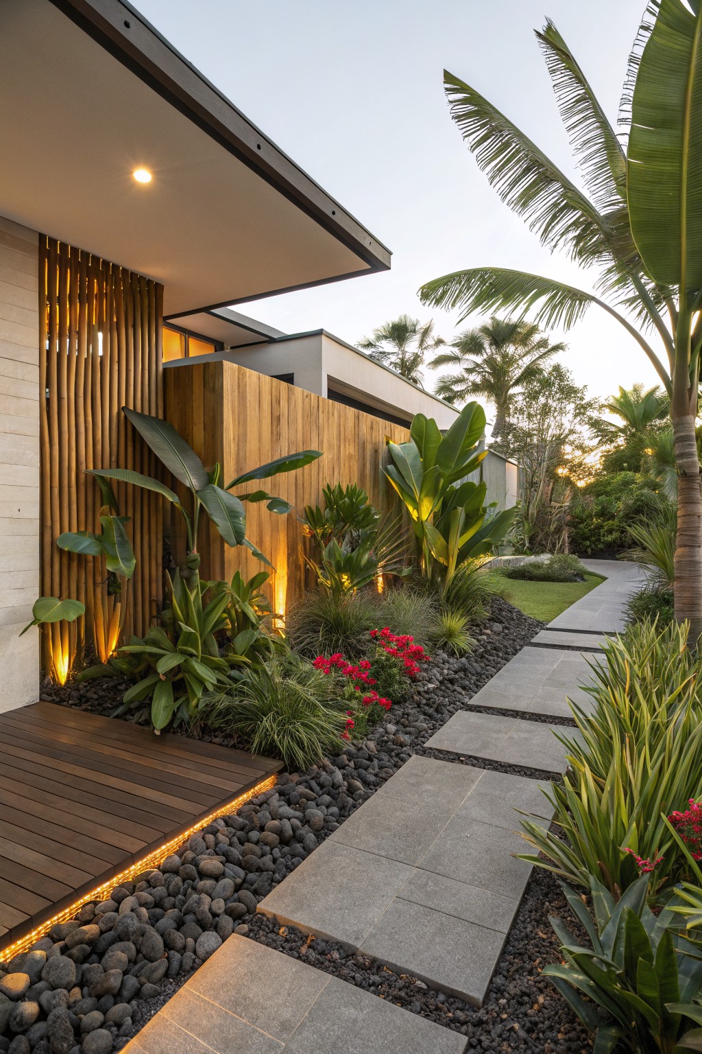 Front yard landscaping with large gray stone slab pathway set in black pebble mulch, winding through tropical plants including banana trees and grasses, lit by ground lights, beside a modern white house with wooden deck and bamboo screen.