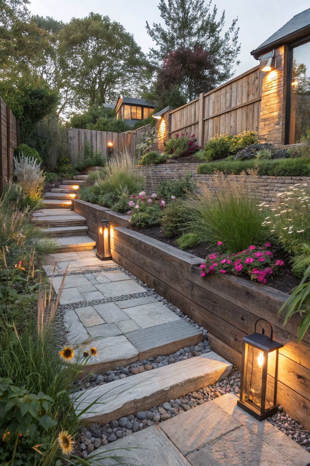 A sloped garden pathway with stone steps, wooden retaining walls filled with plants, gravel accents, and lantern-style lights along the edges in evening light.