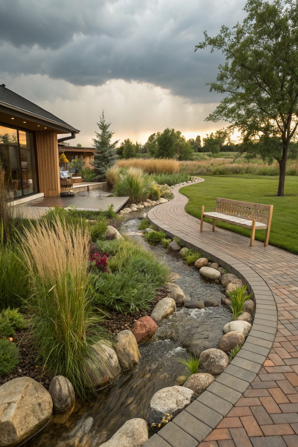 Curved red brick pathway alongside a small stream edged with large rocks and grasses, leading to a wooden bench near a modern house in a landscaped yard.