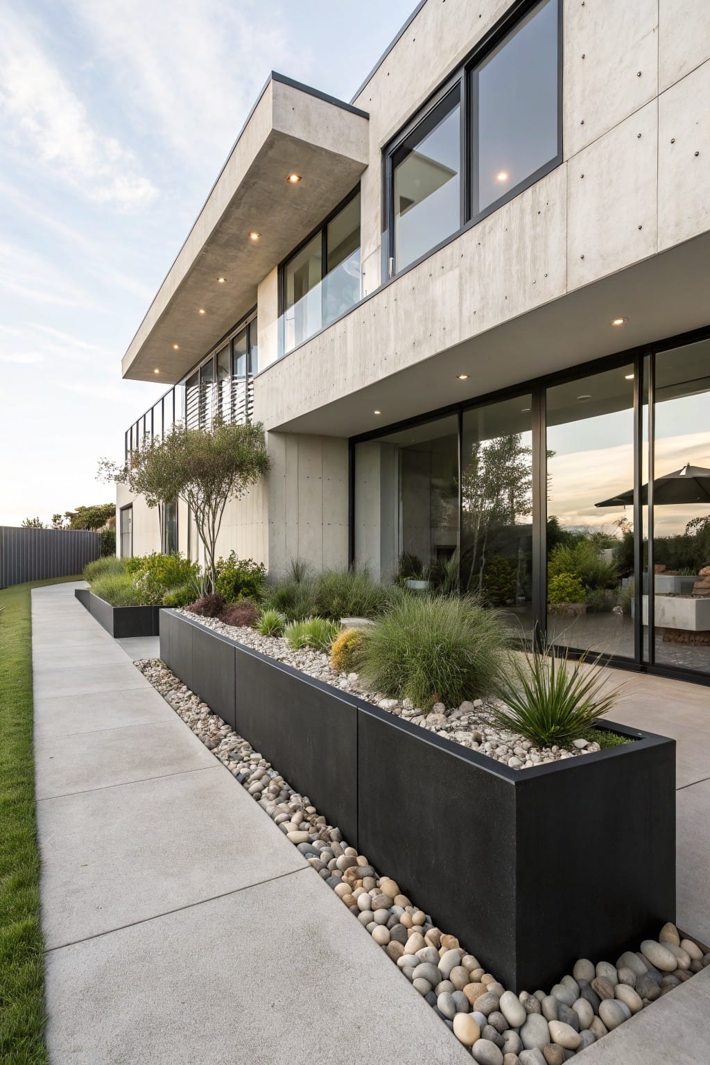 Concrete pathway edged by tall black rectangular planters filled with grasses, succulents, agave, and pebbles next to a modern concrete house exterior and lawn.