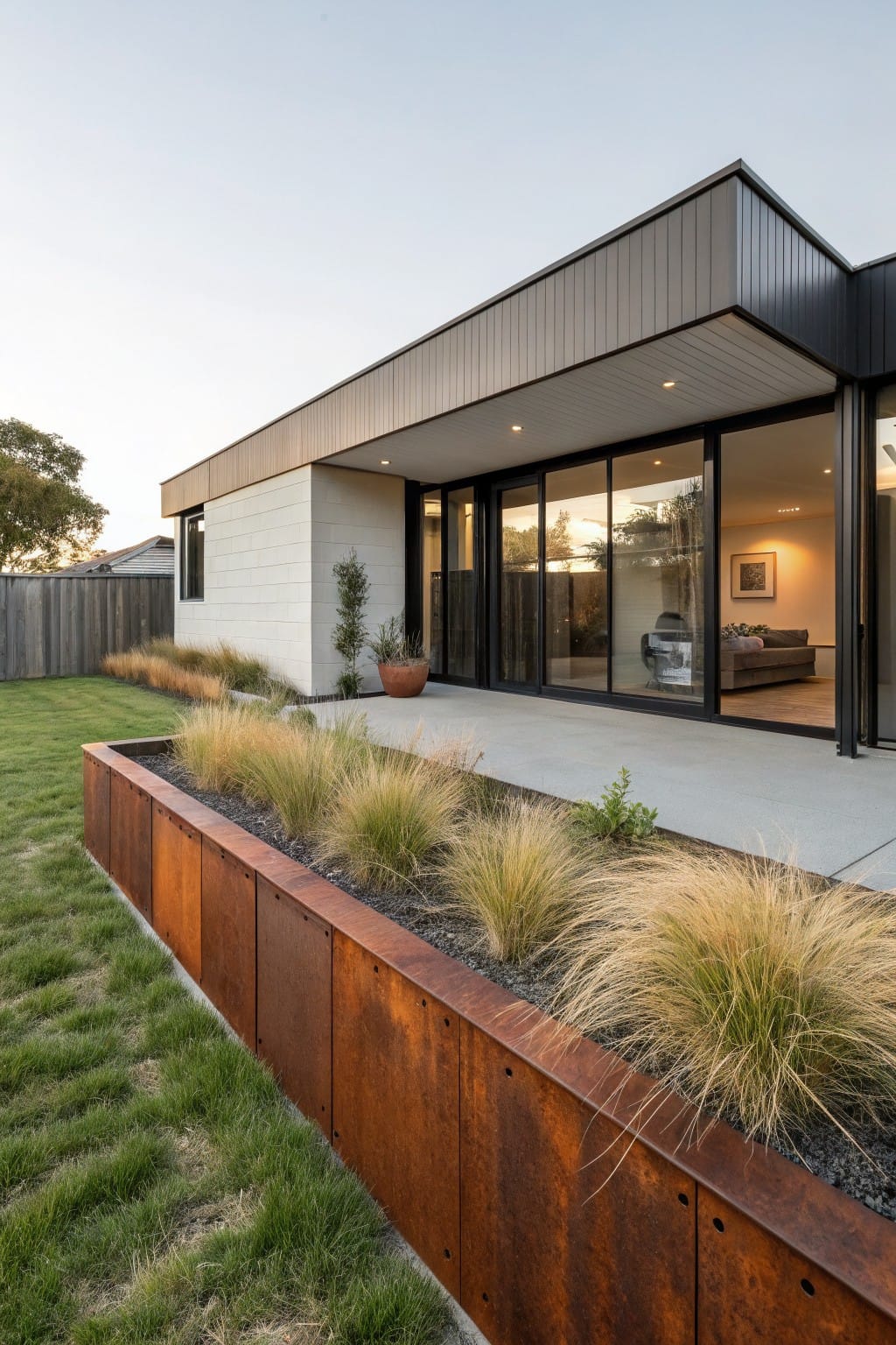 Modern house exterior with white block walls, dark cladding, sliding glass doors to concrete patio, and corten steel raised planter bed planted with grasses along the lawn edge.