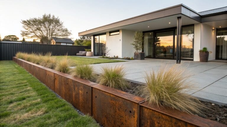 Modern house exterior with white block walls, dark cladding, sliding glass doors to concrete patio, and corten steel raised planter bed planted with grasses along the lawn edge.
