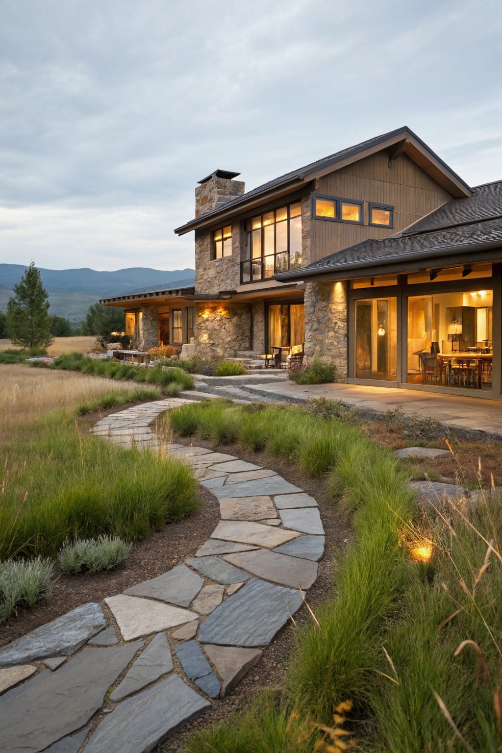 Winding flagstone pathway through tall grasses and low plants leading to the patio of a stone and wood house with large glass doors and mountain views at dusk.