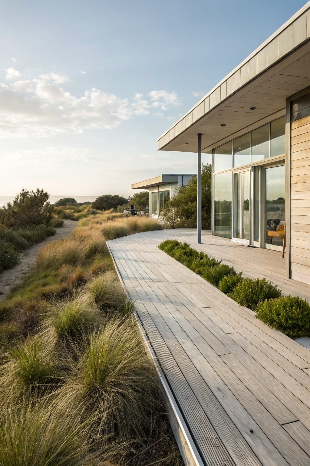 Long wooden deck along a modern house exterior bordered by tall grasses and low green shrubs with sandy dune landscaping in the background.