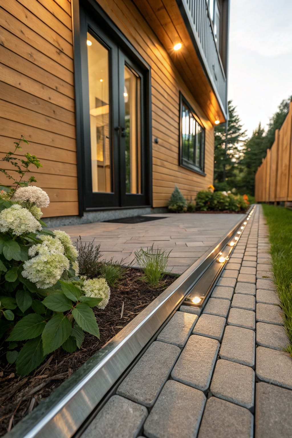 Close-up of gray paver patio bordered by a shiny silver metal channel with embedded LED lights, next to a mulched garden bed containing white hydrangea bushes and green plants, with wooden house siding and glass doors in the background.
