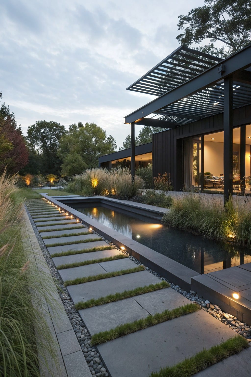 Modern black house with glass doors and pergola beside a narrow black reflecting pool, flanked by a pathway of large rectangular concrete slabs with grass strips between them and tall ornamental grasses, lit at dusk.