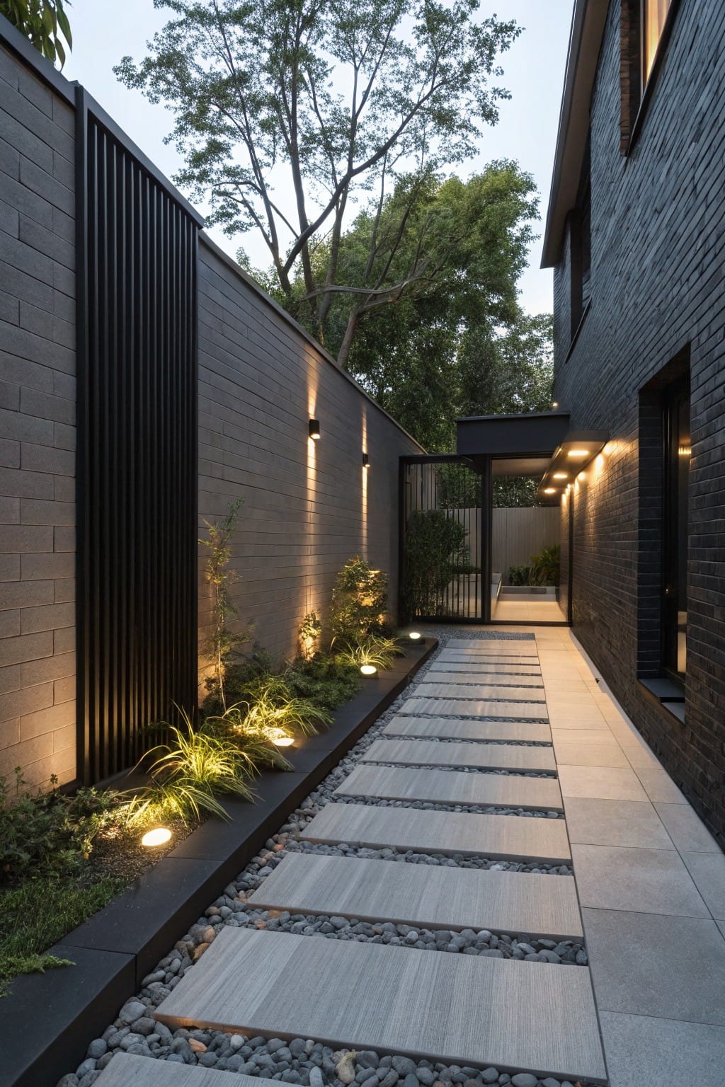 Narrow outdoor pathway of large rectangular concrete pavers spaced apart with pebbles in the joints, bordered by grass plantings and lit by wall-mounted and bollard lights beside a black brick house wall and slatted fence.