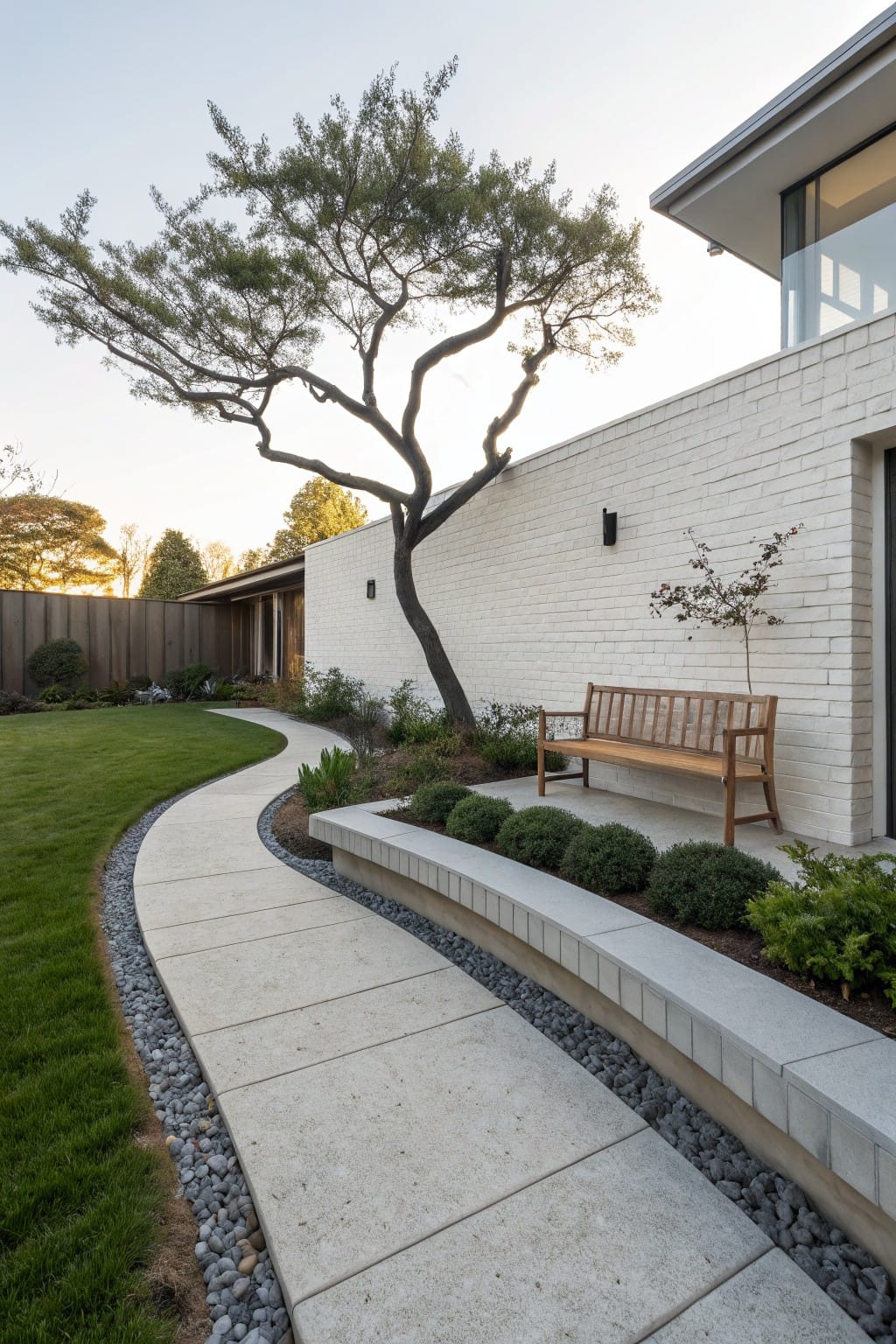 Curved concrete pathway bordered by pebbles and grass in a backyard, leading to a wooden bench on a low wall against a white brick house exterior with plants and a tree.
