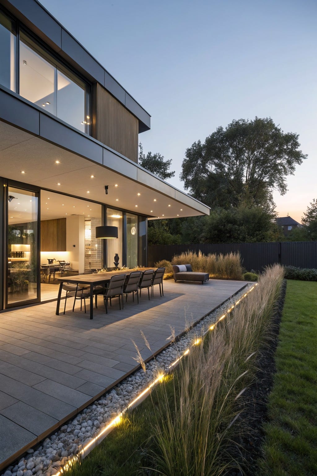 Modern black-clad house with large glass doors open to a gray paver patio and wooden dining table, edged by white pebbles with LED lights and tall grasses next to a green lawn at dusk.