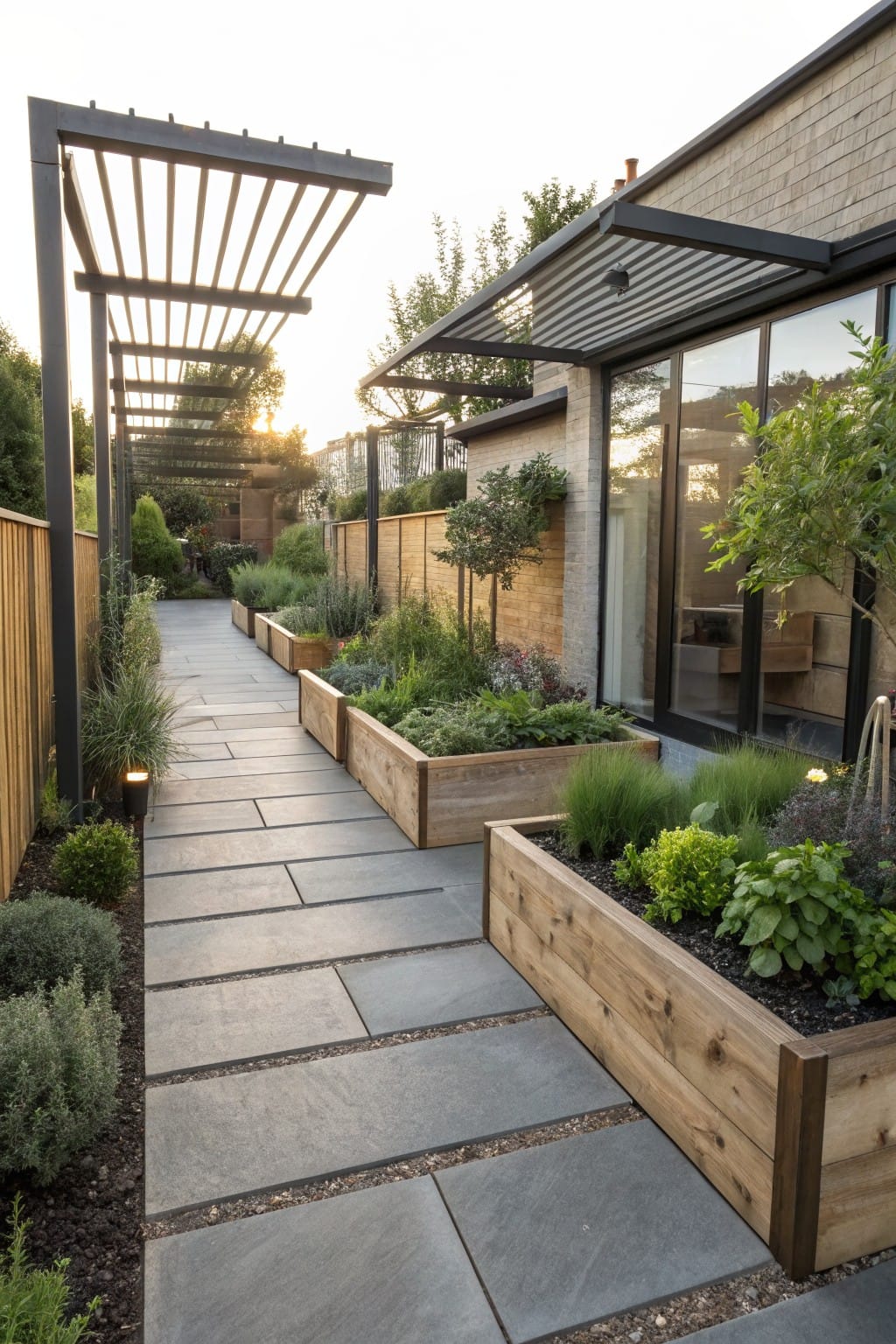 Narrow backyard pathway of dark slate pavers lined with wooden raised garden beds filled with herbs, grasses, and shrubs, metal pergola overhead, wooden fence, and modern brick house wall with glass doors.