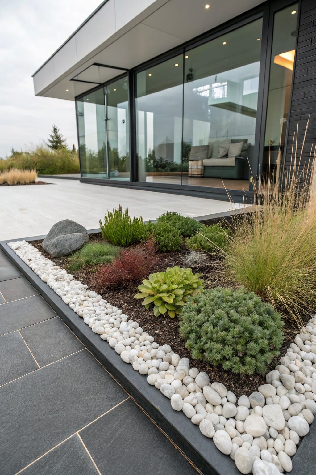 Contemporary house exterior with large glass walls, light wood deck, dark tiled patio, and raised garden bed containing shrubs, grasses, succulents, a large rock, and white pebble edging.